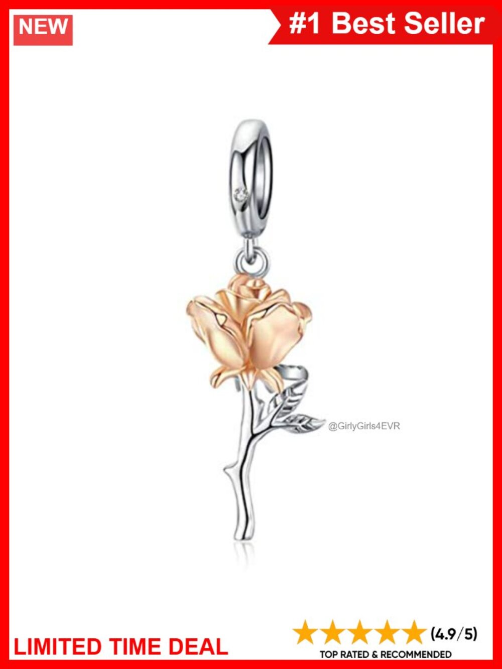 925 Sterling Silver Rose Flower Charm Bead for Bracelet